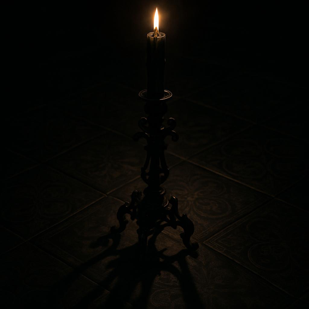 A dark candle is lit in the center of a room cast with its silhouetted shadow - a predominantly black space with a warm, f...