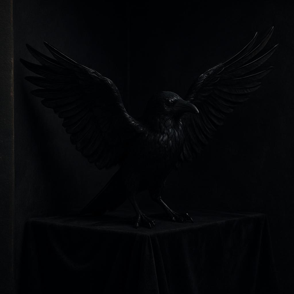 A black and menacing bird with its wings spread wide and beak open, depicted in a black-and-white chiaroscuro style, resem...