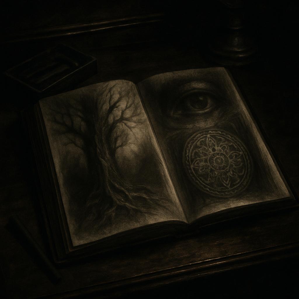 A book opens on a black leather couch, with an eerie eye and tree close-up doodle in gold on each of its pages. It's a squ...